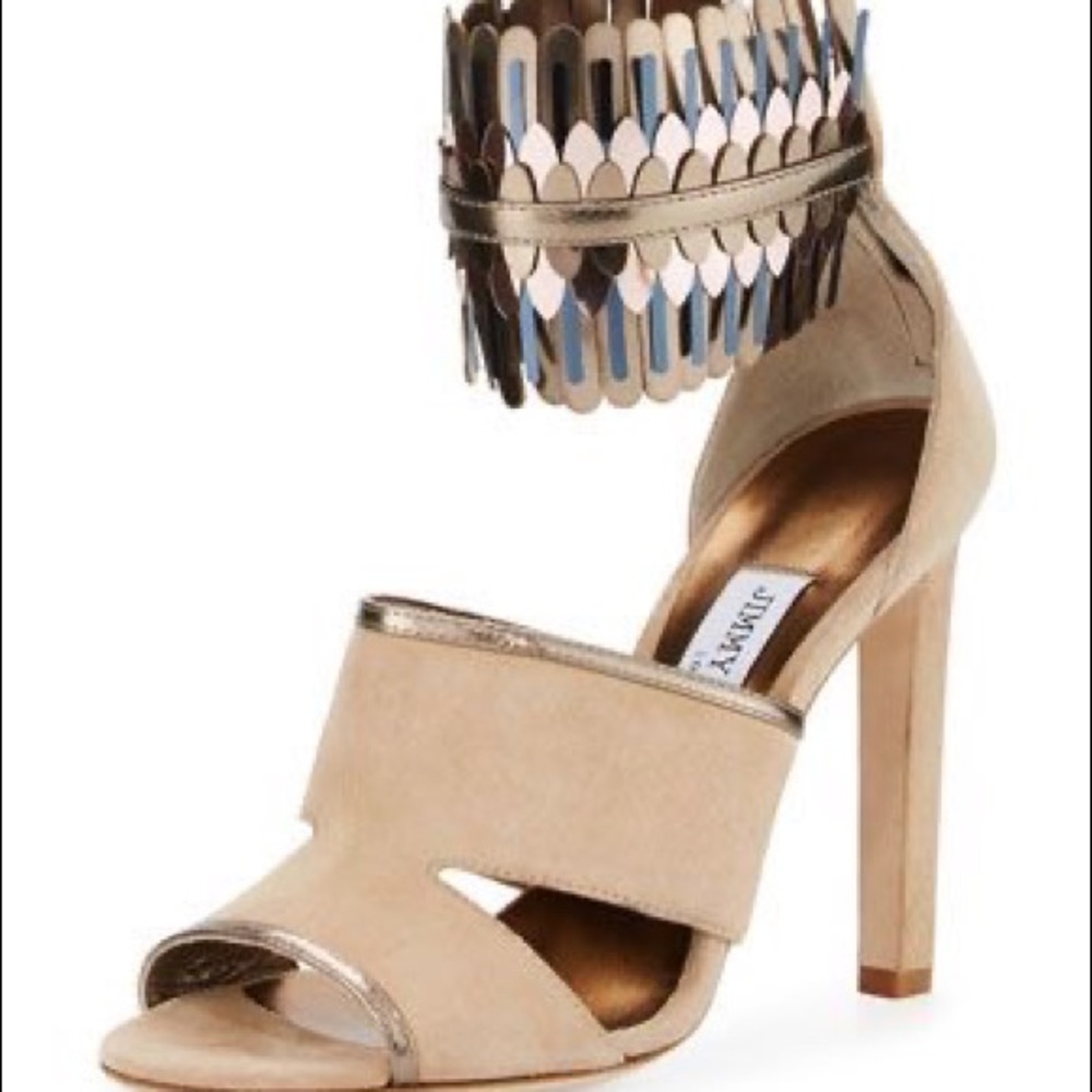 JIMMY CHOO
Klara Suede Ankle-Wrap 110mm Sandal, Beige